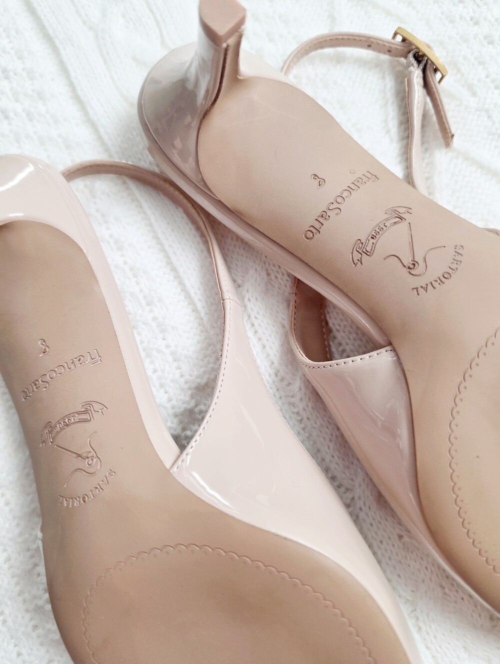Franco Sarto Kate Slingback Kitten Heel Pumps Pointed Toe Patent Beige 8 NWOB - Picture 10 of 11